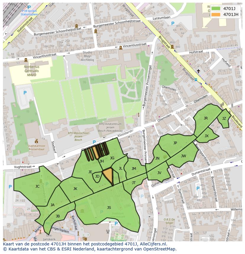 Afbeelding van het postcodegebied 4701 JH op de kaart.