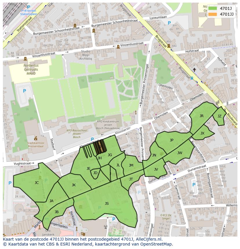 Afbeelding van het postcodegebied 4701 JJ op de kaart.