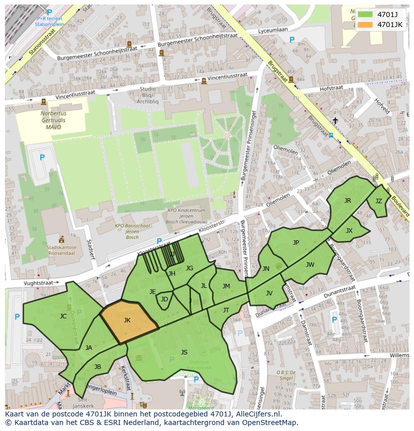 Afbeelding van het postcodegebied 4701 JK op de kaart.