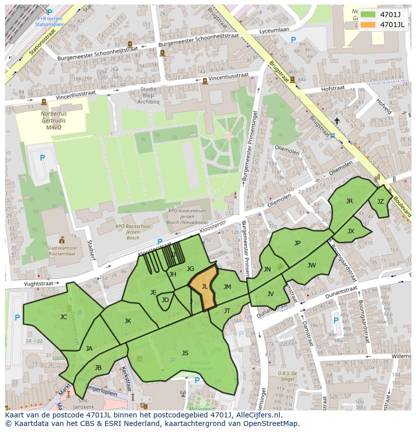 Afbeelding van het postcodegebied 4701 JL op de kaart.