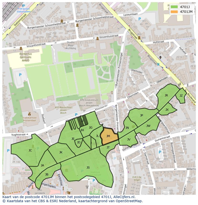 Afbeelding van het postcodegebied 4701 JM op de kaart.