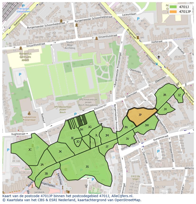 Afbeelding van het postcodegebied 4701 JP op de kaart.