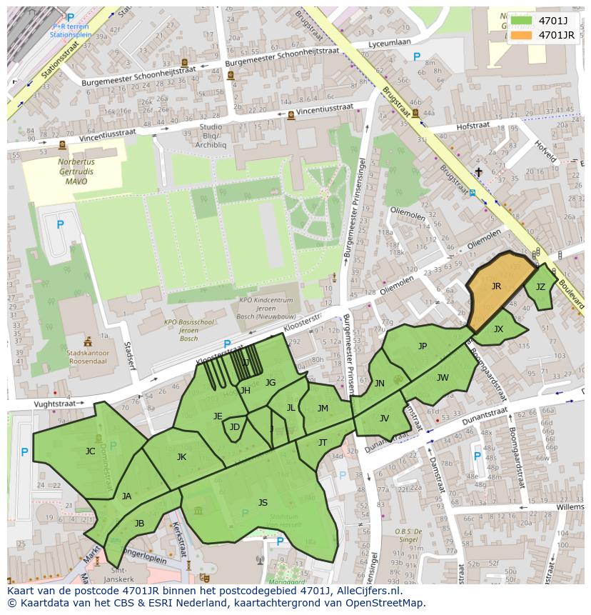 Afbeelding van het postcodegebied 4701 JR op de kaart.