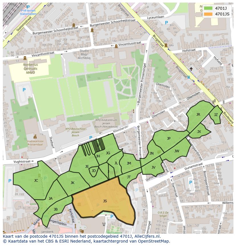 Afbeelding van het postcodegebied 4701 JS op de kaart.