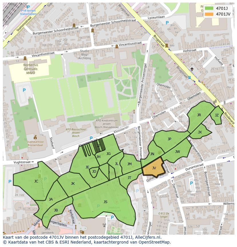 Afbeelding van het postcodegebied 4701 JV op de kaart.