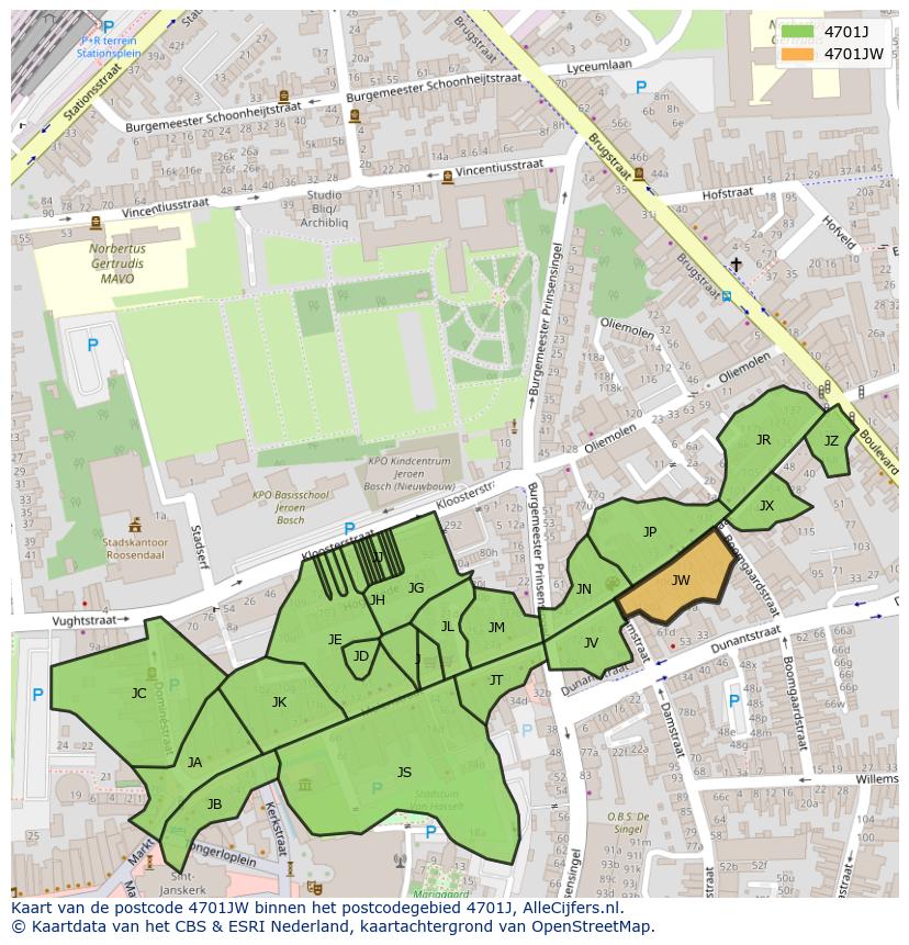 Afbeelding van het postcodegebied 4701 JW op de kaart.