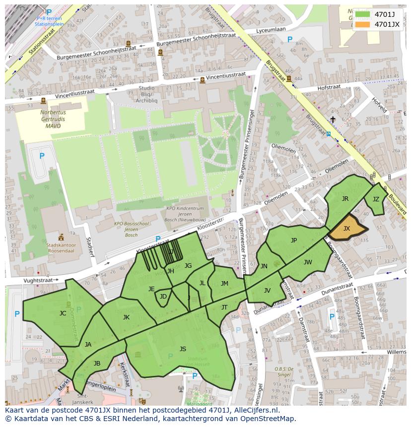 Afbeelding van het postcodegebied 4701 JX op de kaart.