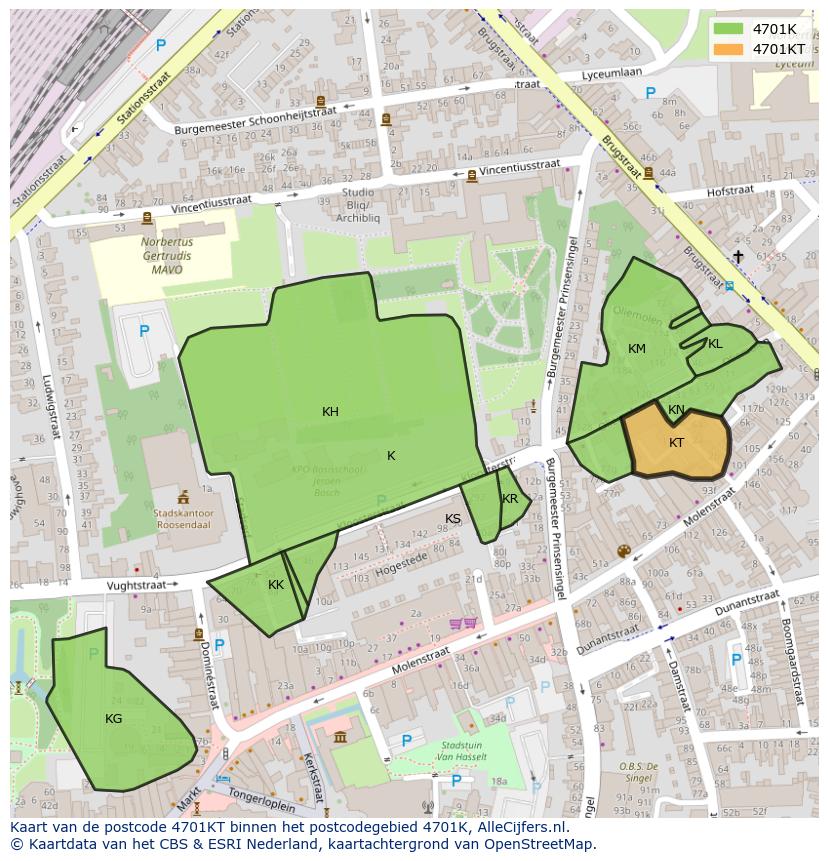 Afbeelding van het postcodegebied 4701 KT op de kaart.