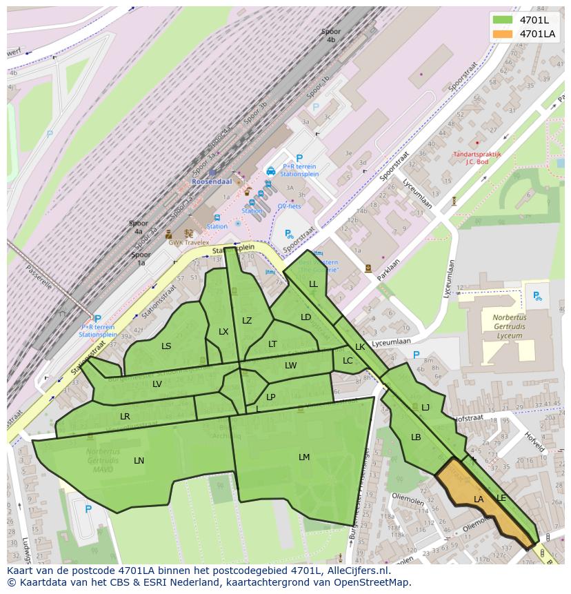 Afbeelding van het postcodegebied 4701 LA op de kaart.