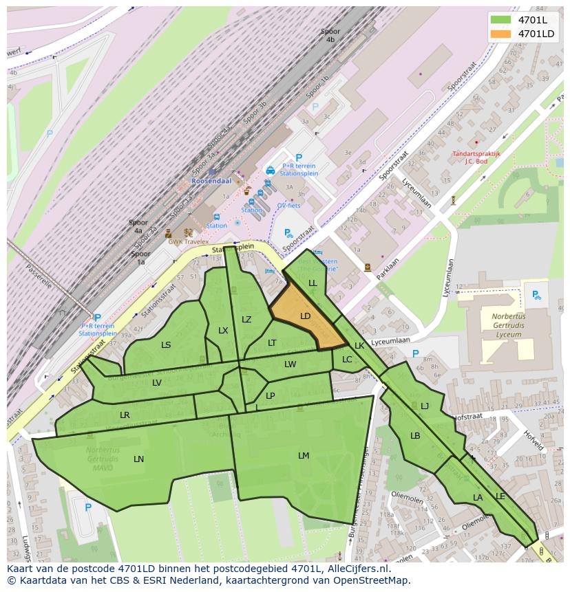 Afbeelding van het postcodegebied 4701 LD op de kaart.