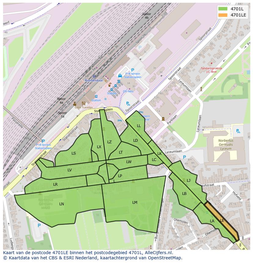 Afbeelding van het postcodegebied 4701 LE op de kaart.