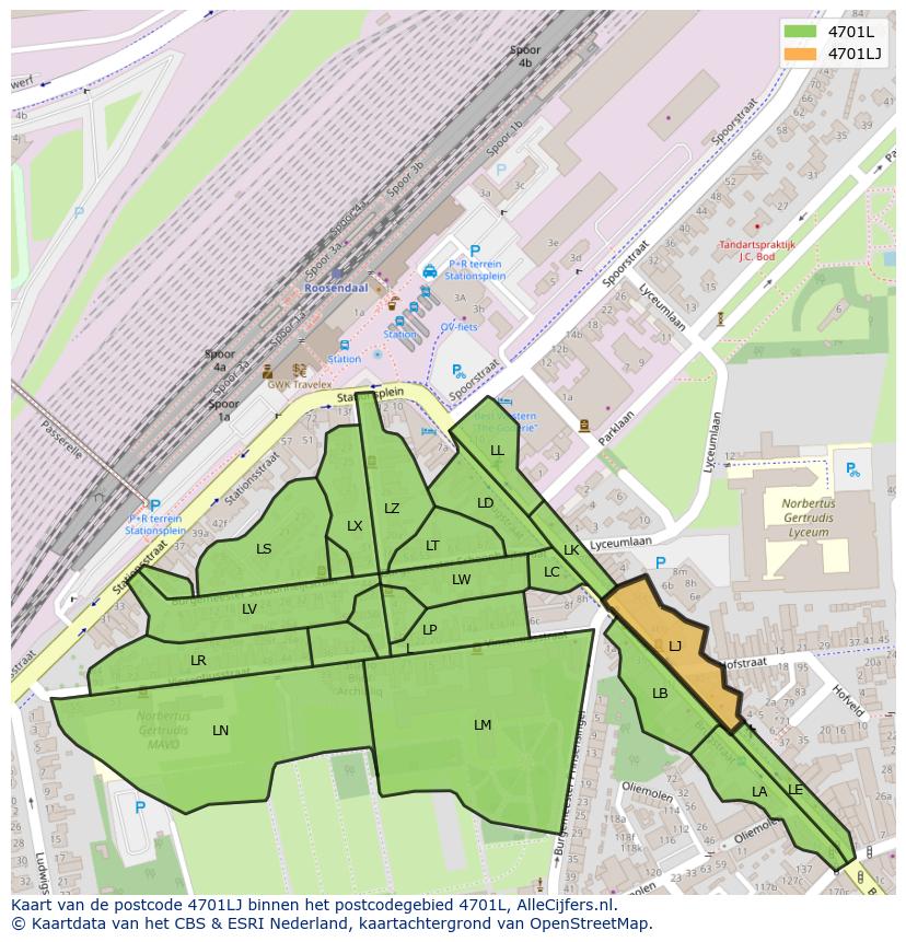 Afbeelding van het postcodegebied 4701 LJ op de kaart.