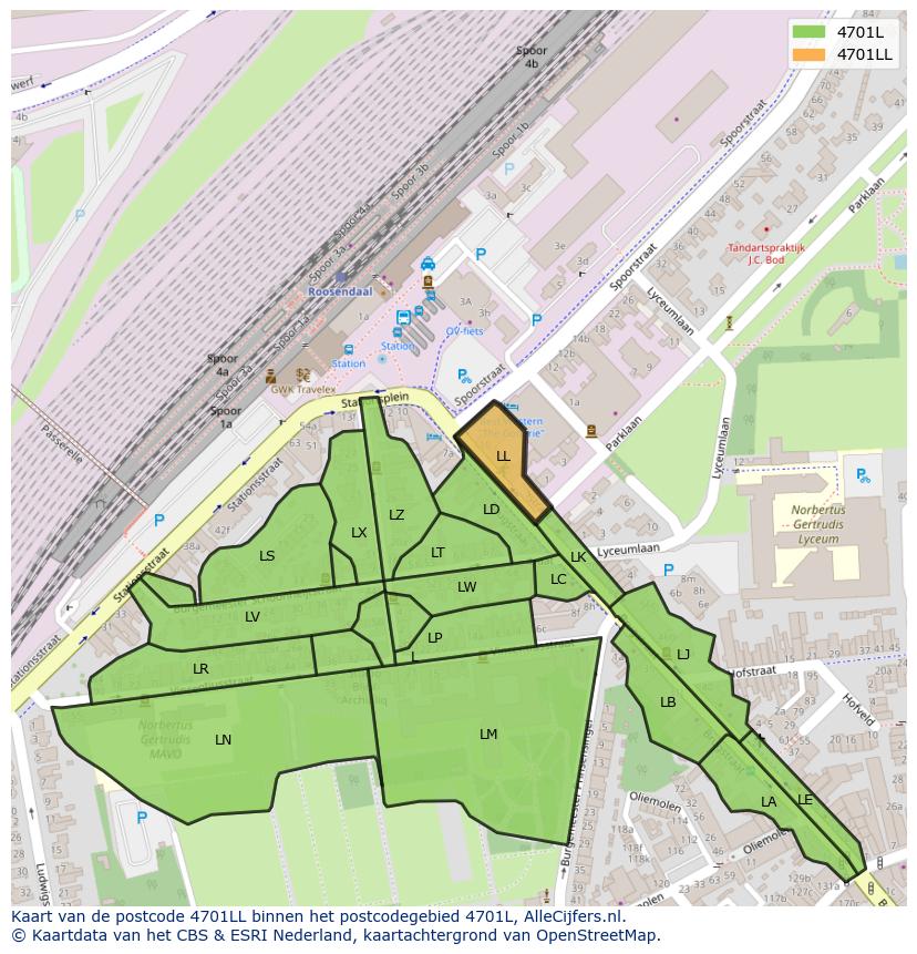 Afbeelding van het postcodegebied 4701 LL op de kaart.