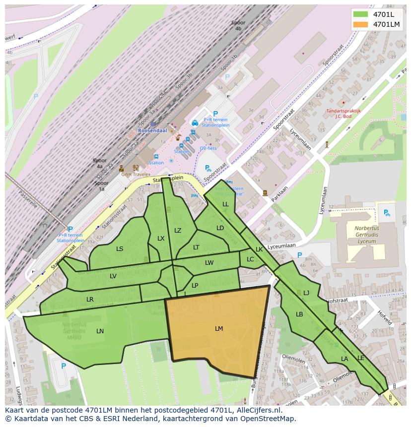 Afbeelding van het postcodegebied 4701 LM op de kaart.
