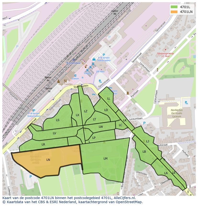 Afbeelding van het postcodegebied 4701 LN op de kaart.