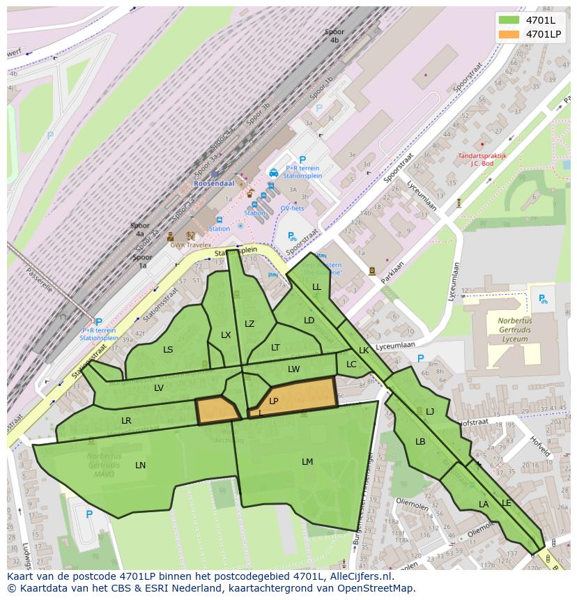 Afbeelding van het postcodegebied 4701 LP op de kaart.