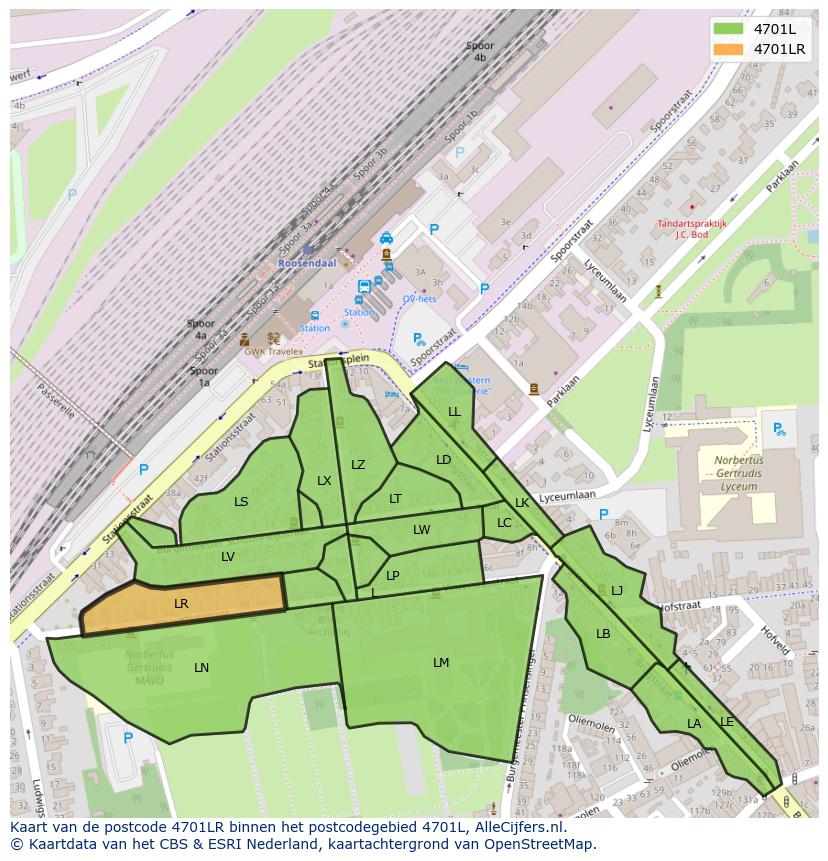 Afbeelding van het postcodegebied 4701 LR op de kaart.