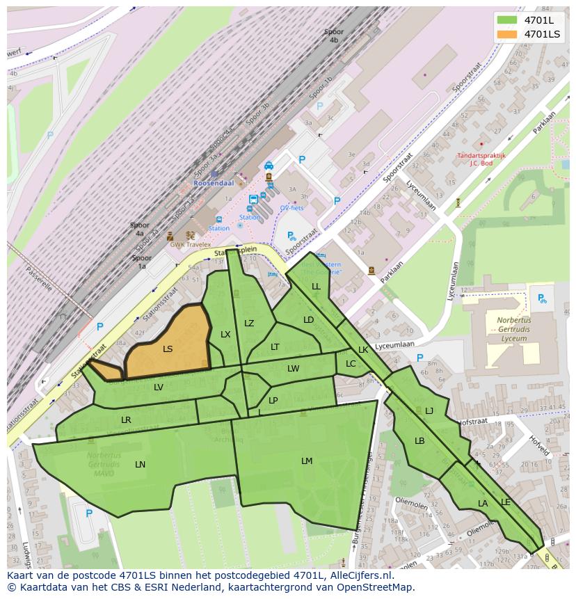 Afbeelding van het postcodegebied 4701 LS op de kaart.