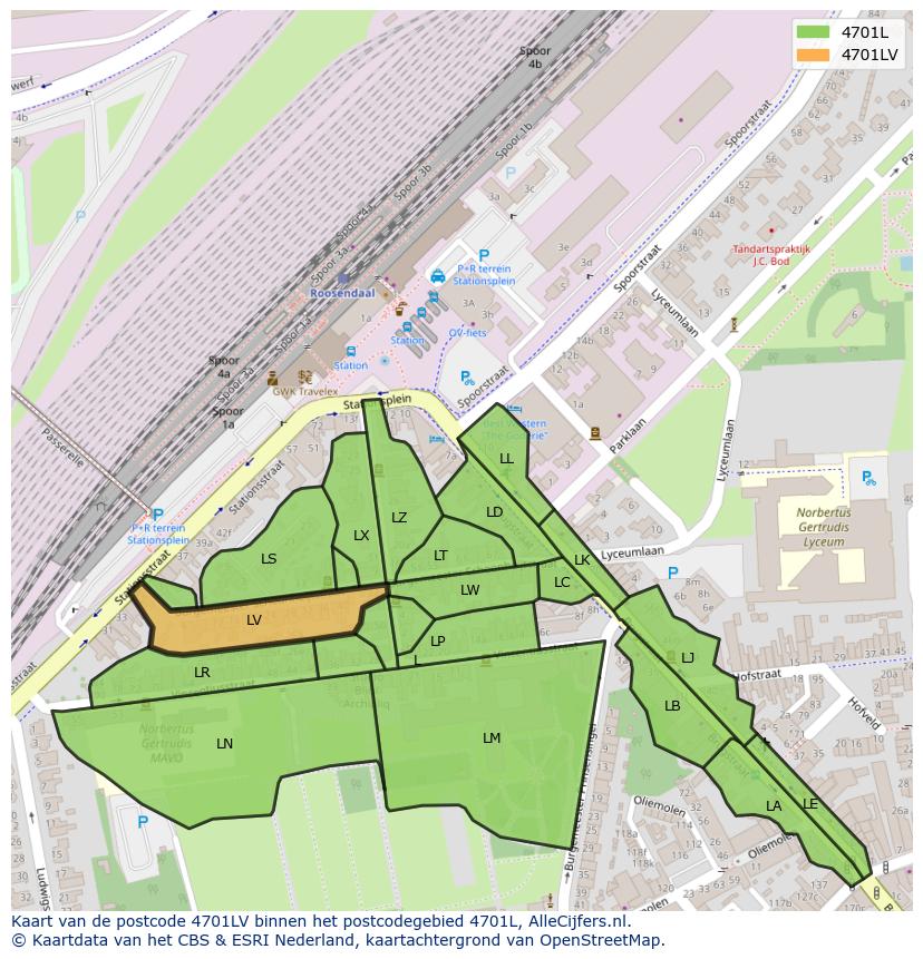 Afbeelding van het postcodegebied 4701 LV op de kaart.