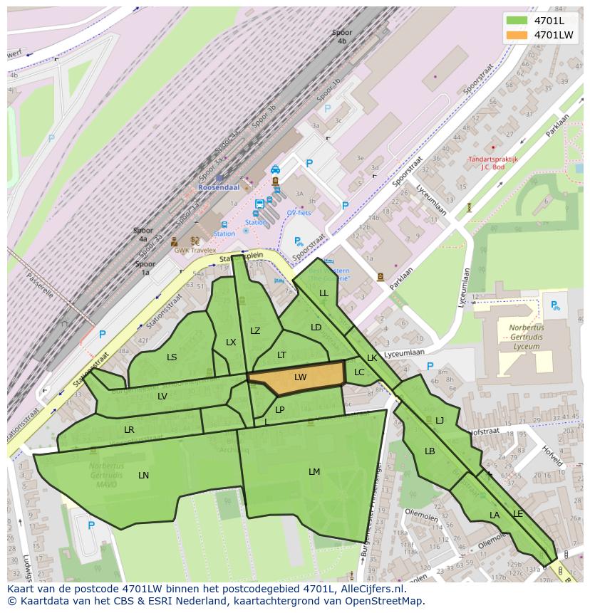 Afbeelding van het postcodegebied 4701 LW op de kaart.