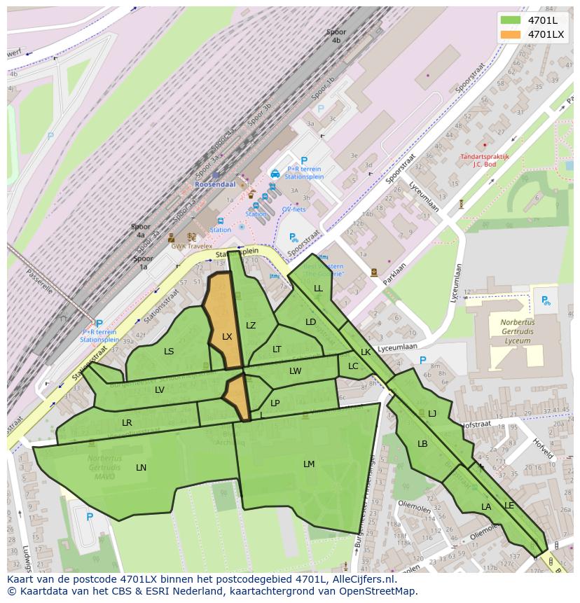 Afbeelding van het postcodegebied 4701 LX op de kaart.