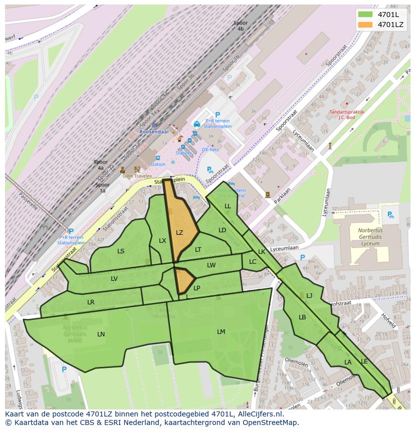 Afbeelding van het postcodegebied 4701 LZ op de kaart.