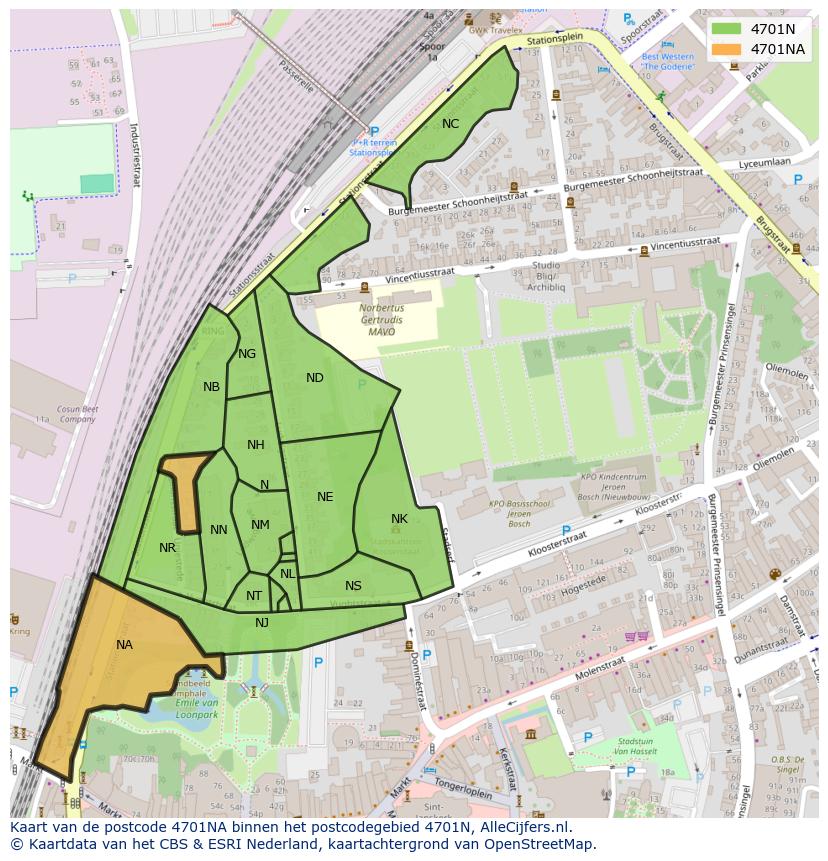 Afbeelding van het postcodegebied 4701 NA op de kaart.