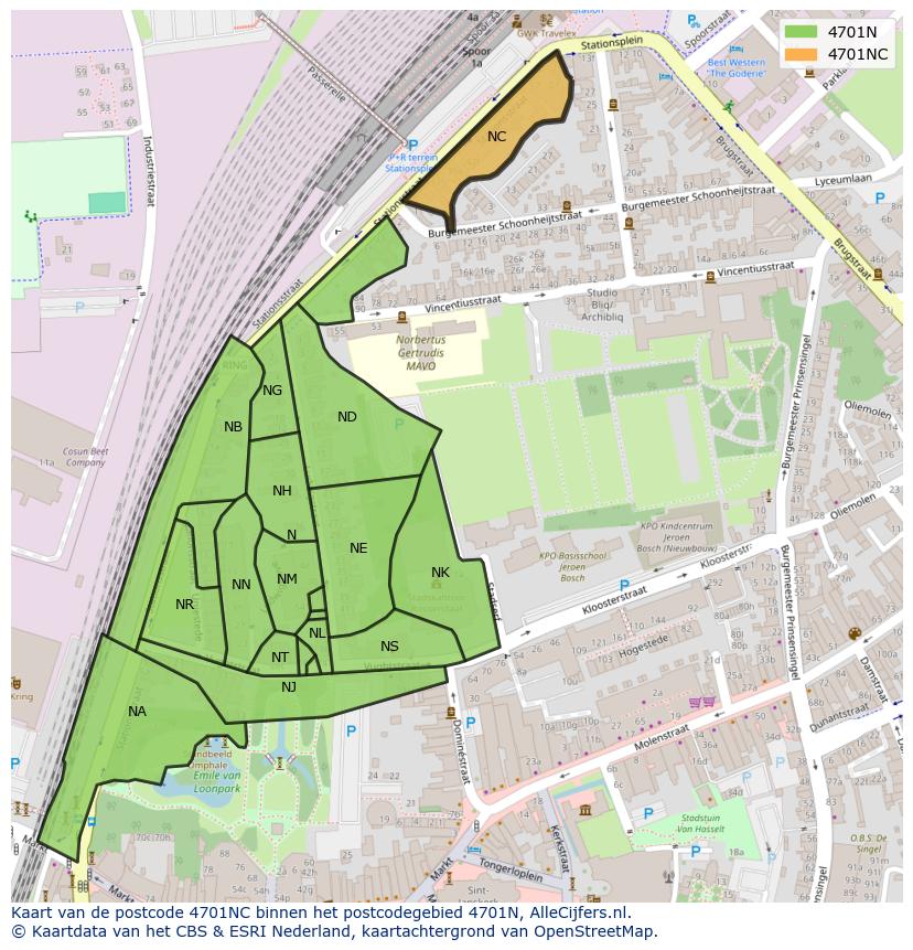 Afbeelding van het postcodegebied 4701 NC op de kaart.