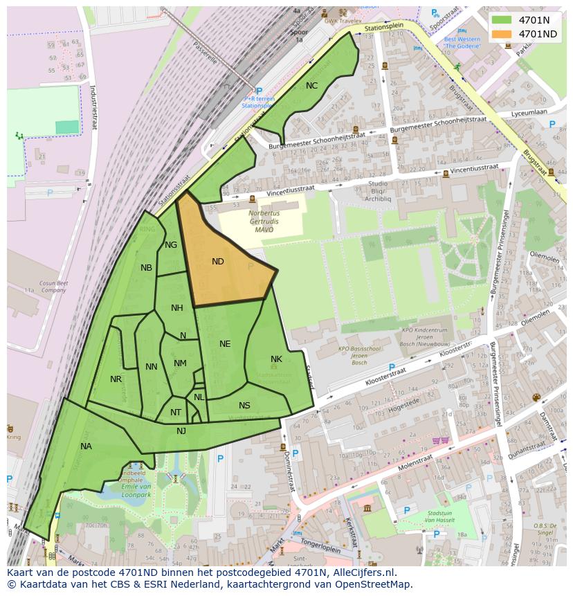 Afbeelding van het postcodegebied 4701 ND op de kaart.