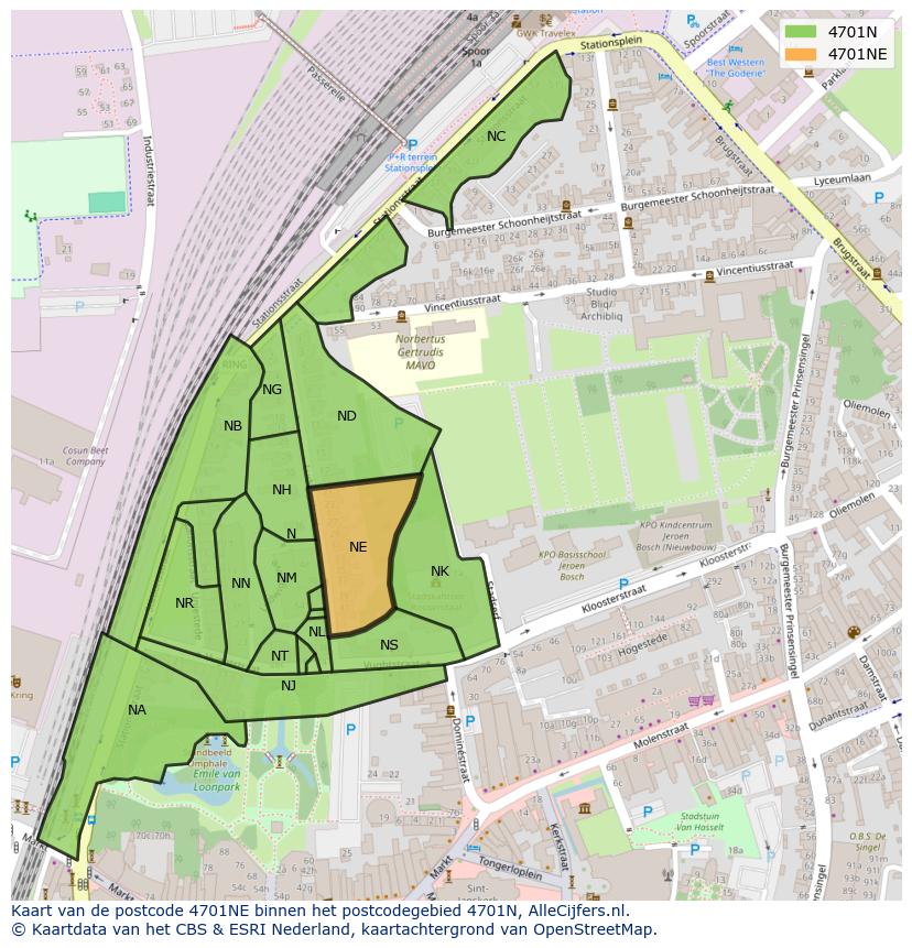Afbeelding van het postcodegebied 4701 NE op de kaart.