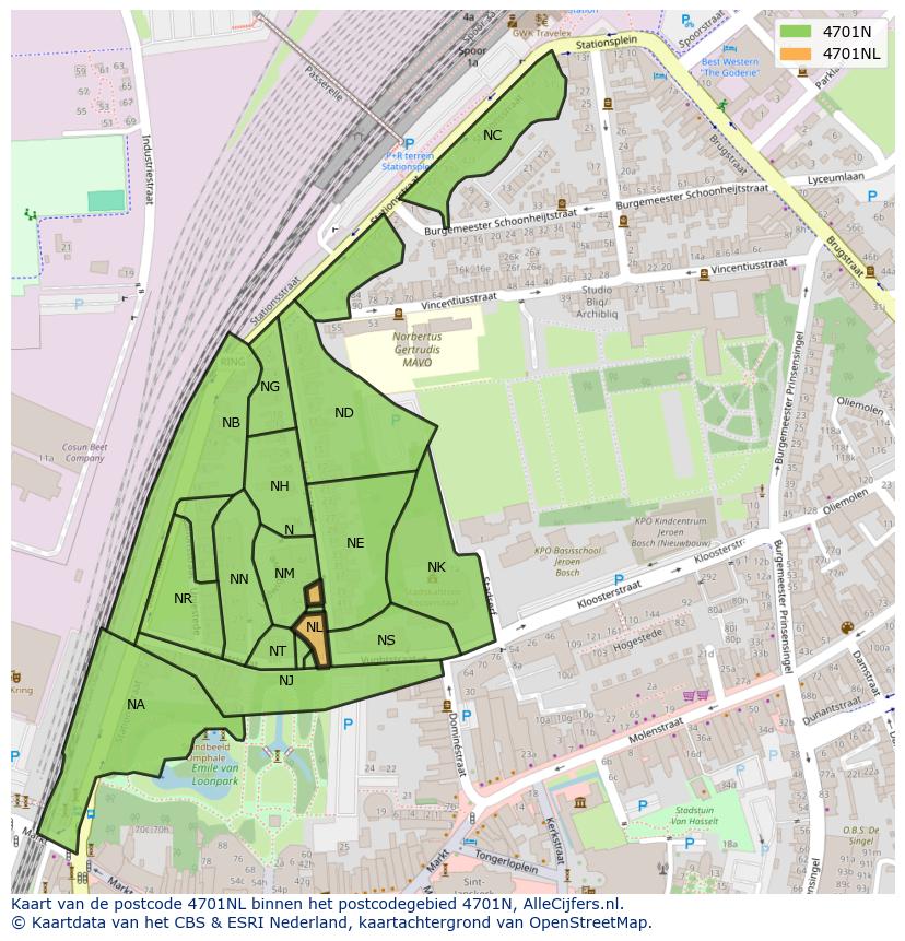 Afbeelding van het postcodegebied 4701 NL op de kaart.