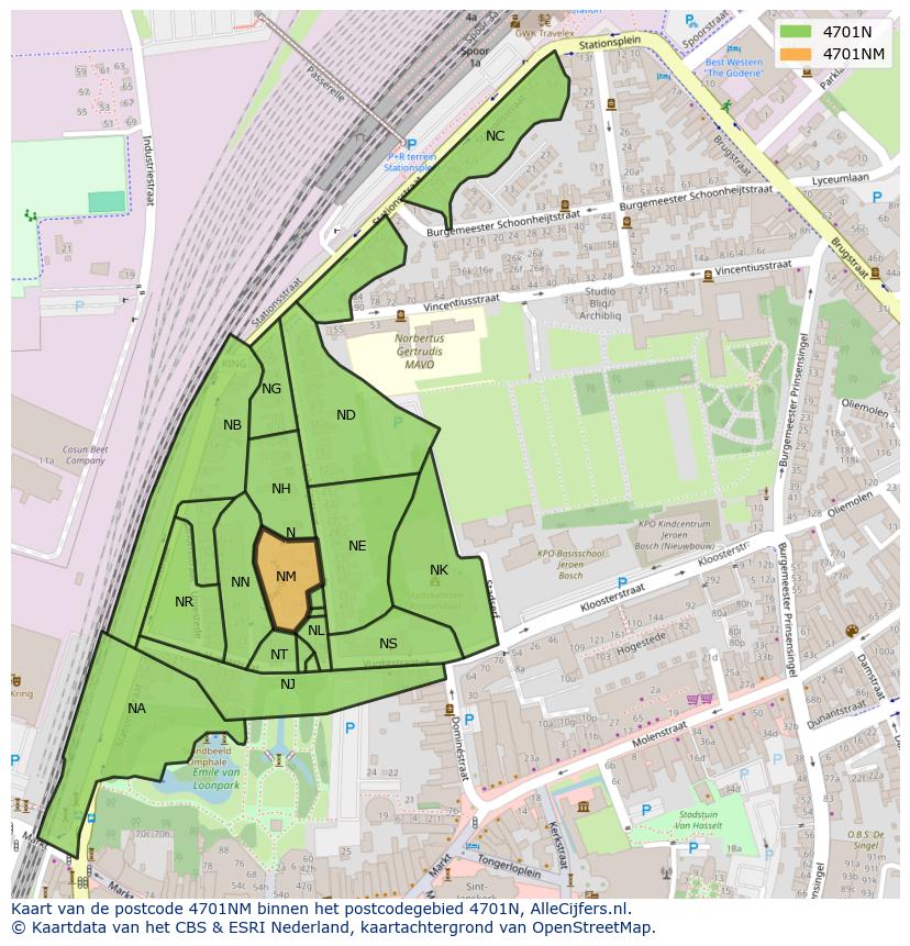 Afbeelding van het postcodegebied 4701 NM op de kaart.