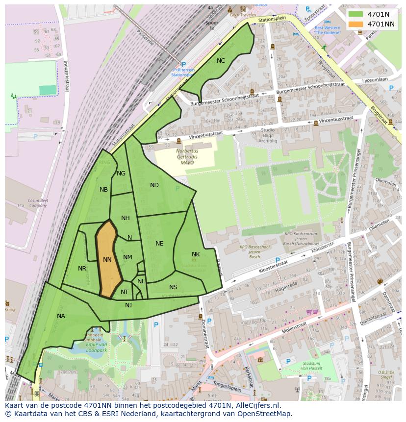 Afbeelding van het postcodegebied 4701 NN op de kaart.