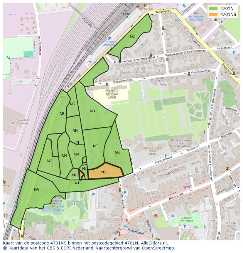 Afbeelding van het postcodegebied 4701 NS op de kaart.