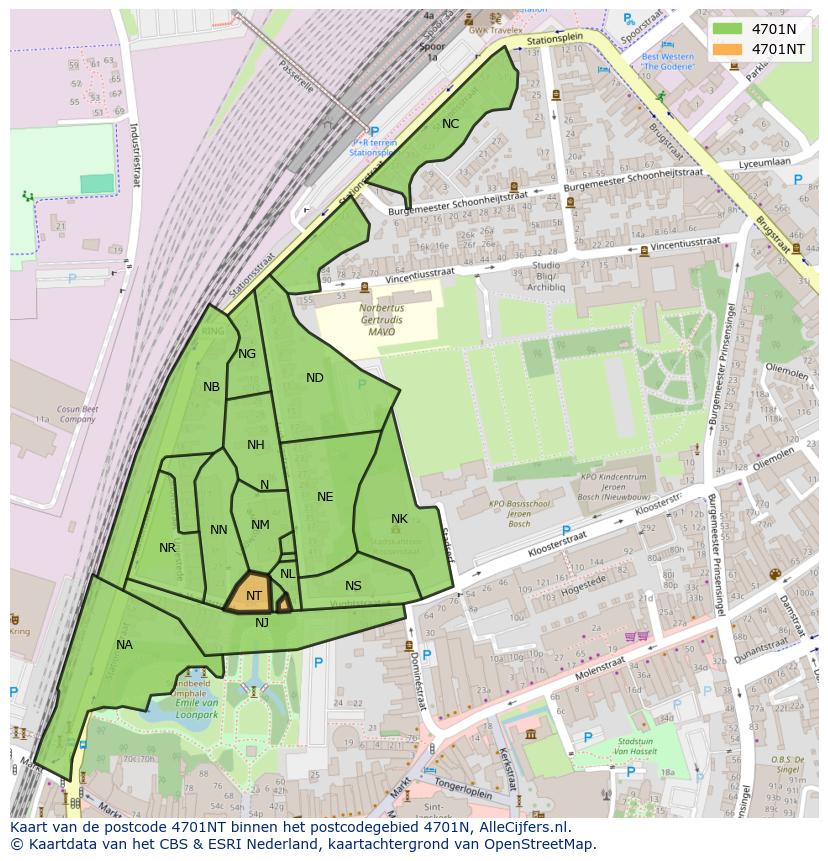 Afbeelding van het postcodegebied 4701 NT op de kaart.