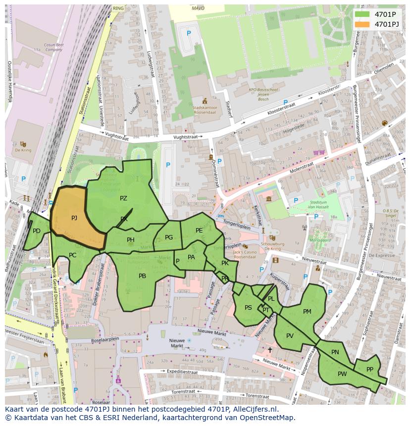 Afbeelding van het postcodegebied 4701 PJ op de kaart.