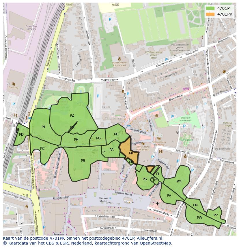 Afbeelding van het postcodegebied 4701 PK op de kaart.