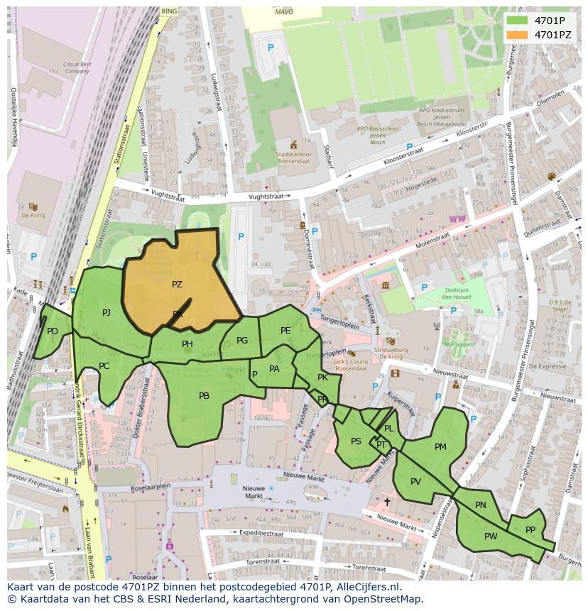 Afbeelding van het postcodegebied 4701 PZ op de kaart.