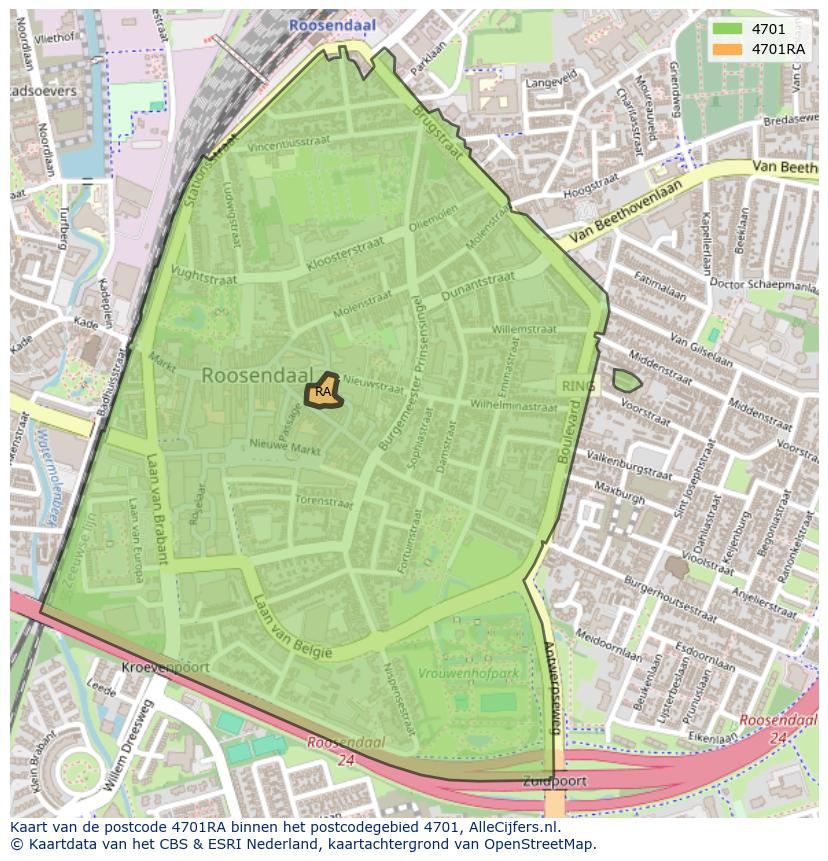 Afbeelding van het postcodegebied 4701 RA op de kaart.