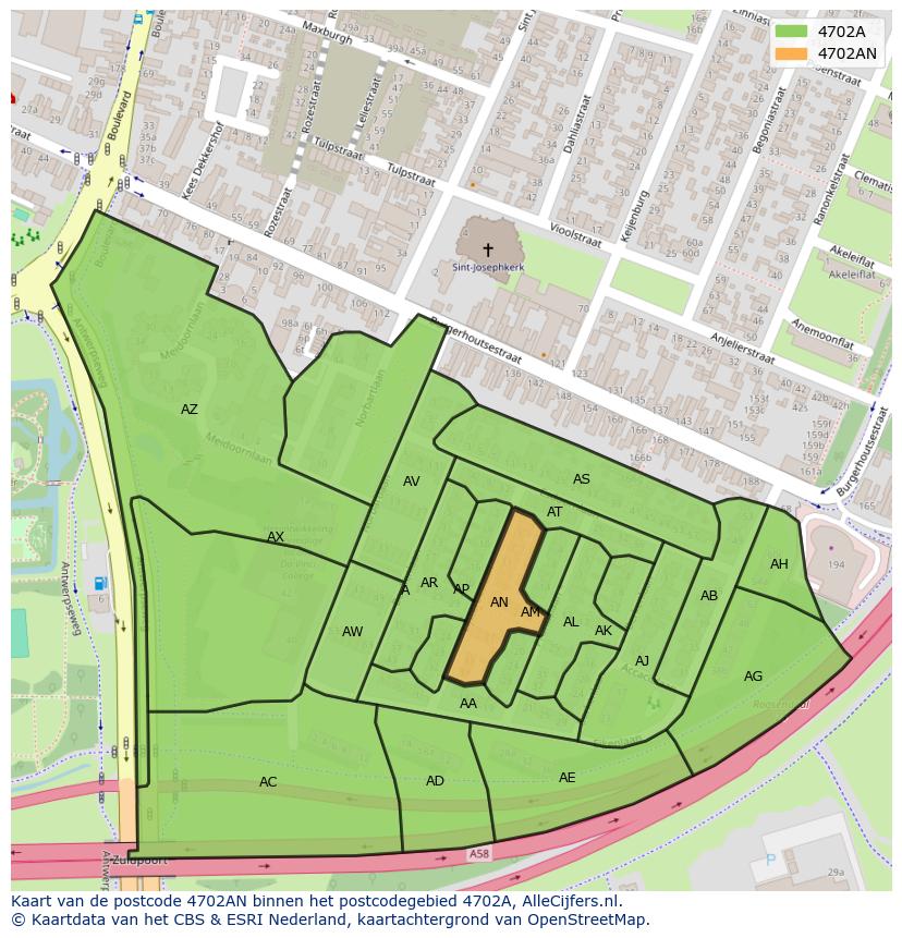 Afbeelding van het postcodegebied 4702 AN op de kaart.