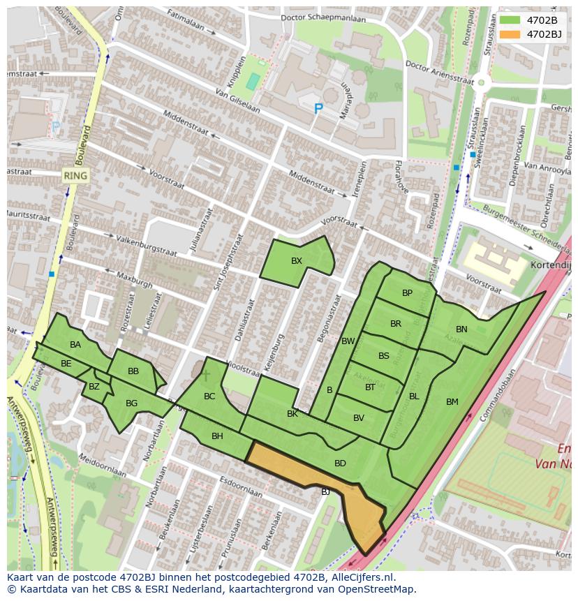 Afbeelding van het postcodegebied 4702 BJ op de kaart.