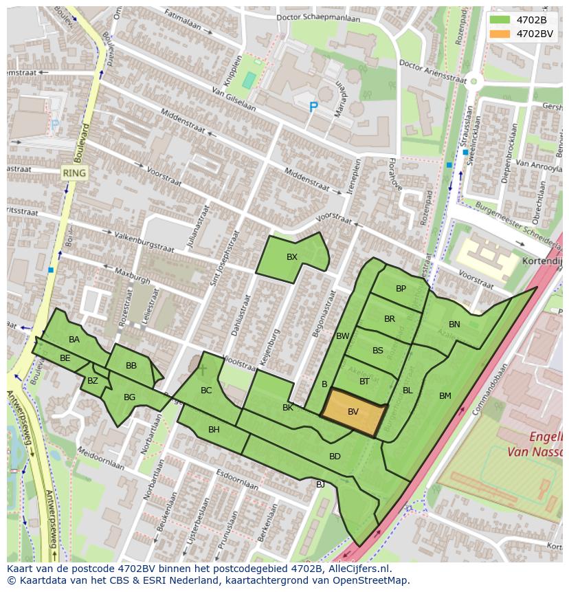 Afbeelding van het postcodegebied 4702 BV op de kaart.