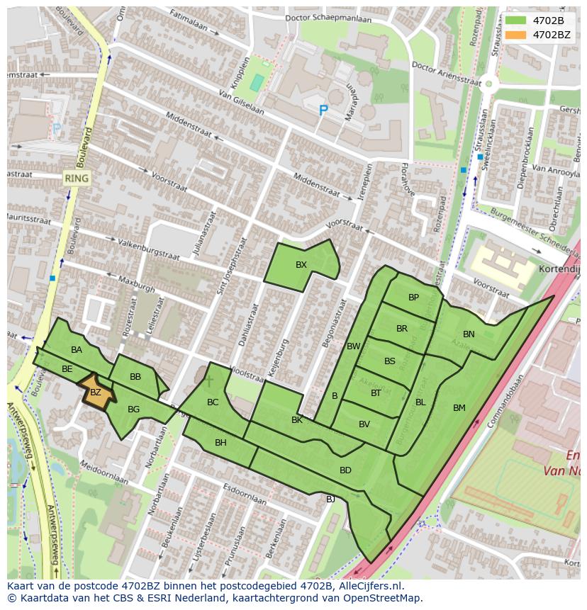 Afbeelding van het postcodegebied 4702 BZ op de kaart.