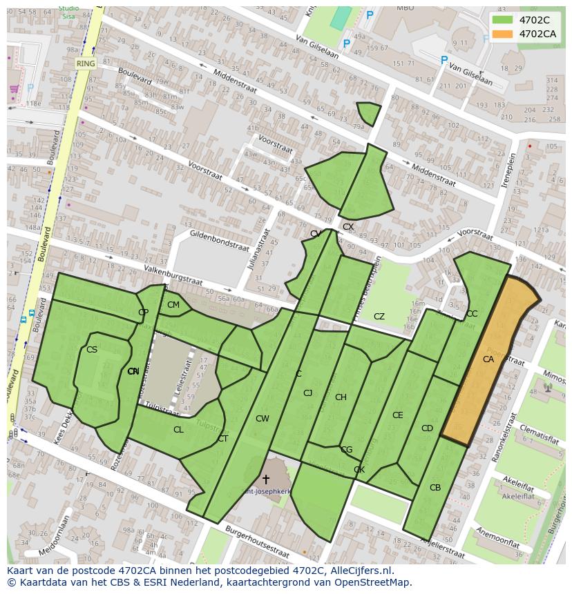 Afbeelding van het postcodegebied 4702 CA op de kaart.
