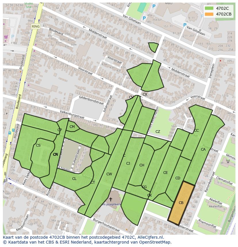 Afbeelding van het postcodegebied 4702 CB op de kaart.