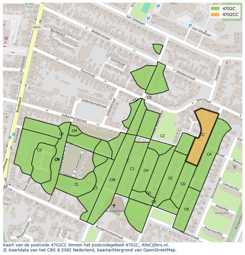 Afbeelding van het postcodegebied 4702 CC op de kaart.