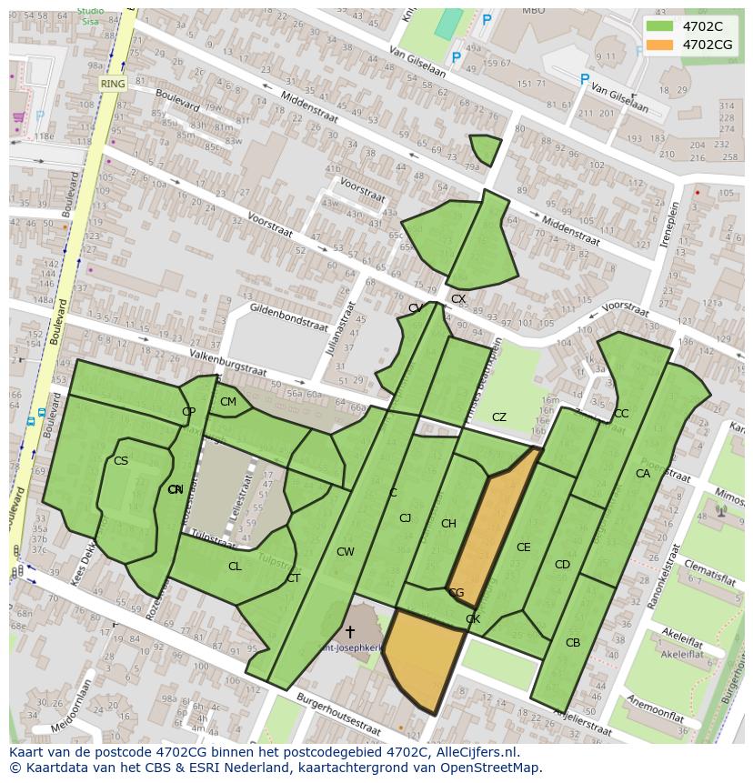 Afbeelding van het postcodegebied 4702 CG op de kaart.