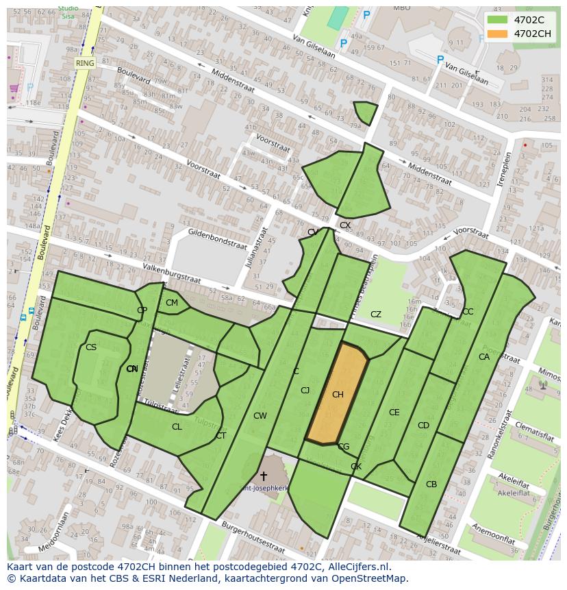 Afbeelding van het postcodegebied 4702 CH op de kaart.