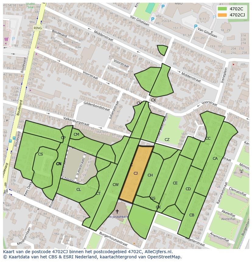 Afbeelding van het postcodegebied 4702 CJ op de kaart.