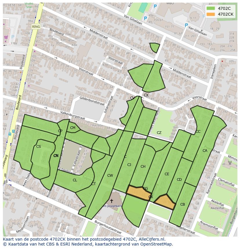 Afbeelding van het postcodegebied 4702 CK op de kaart.